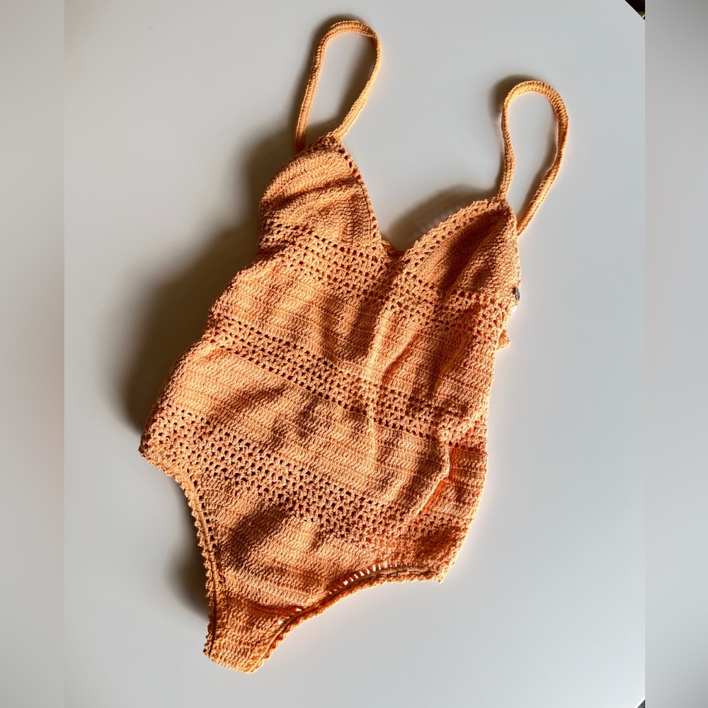 She Made Me Creamsicle Orange Crochet Swimsuit One-piece Size M/L Cheeky Swim